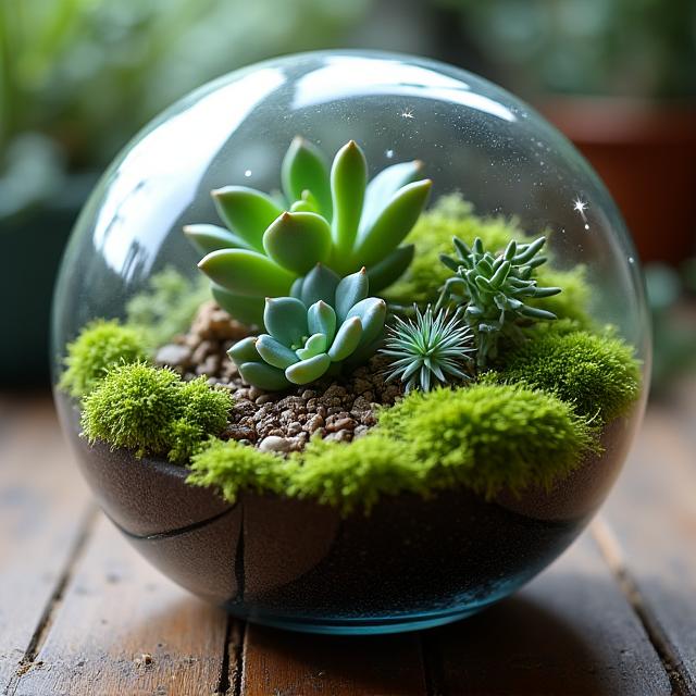 小さな惑星のような苔と多肉植物のテラリウム