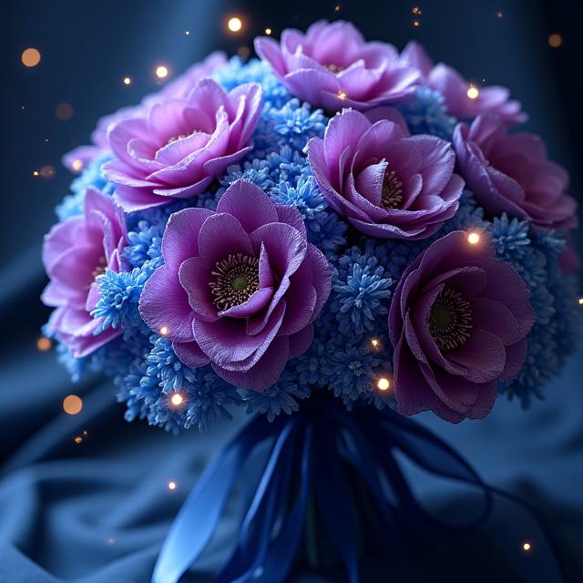 紫と青の花々で作られた銀河のような花束